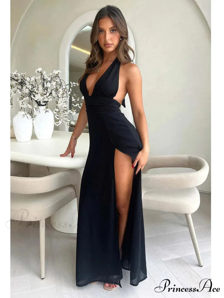 Black Deep Neck Charming High Split Maxi Dress