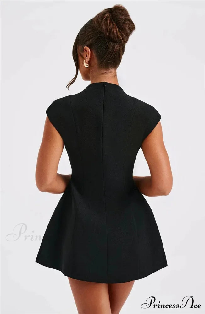 Black Deep Neck Charming Short Sleeve Mini Dress