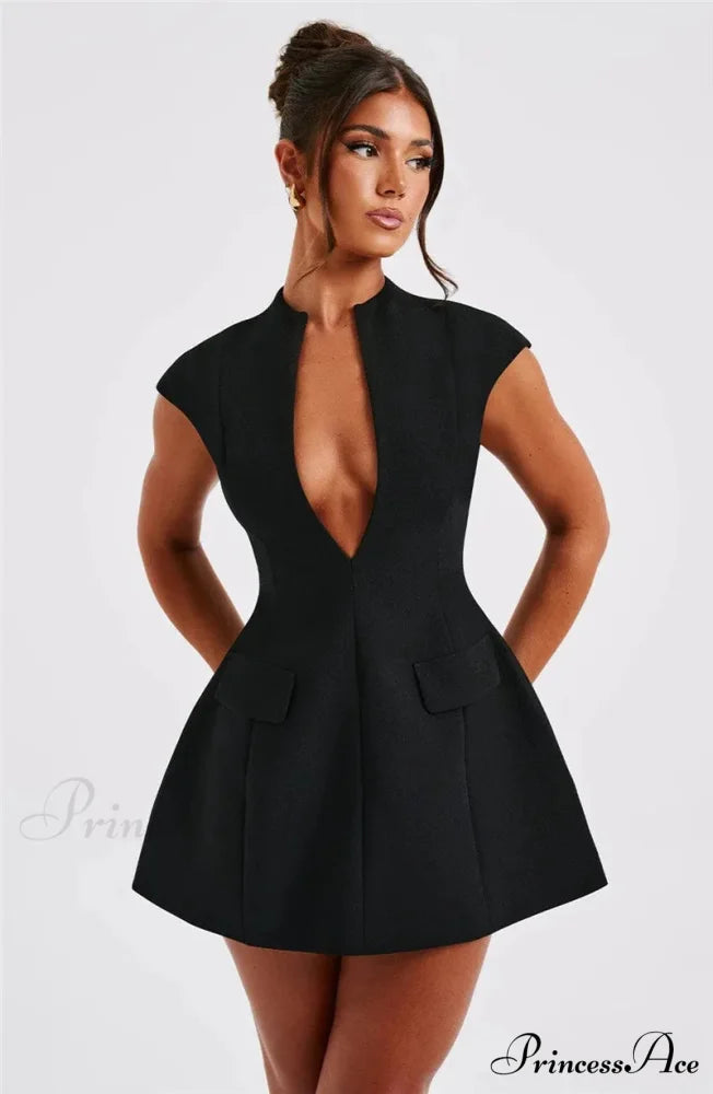 Black Deep Neck Short Graceful Sleeve Solid Mini Dress