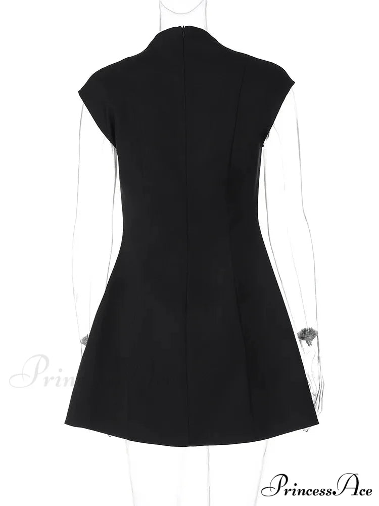 Black Deep Neck Short Graceful Sleeve Solid Mini Dress