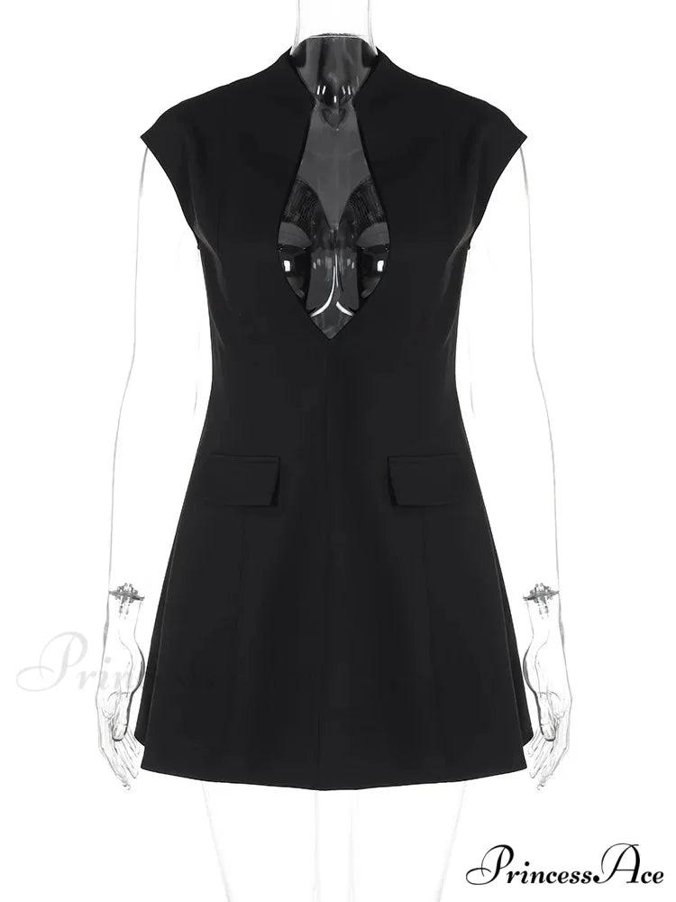 Black Deep Neck Short Graceful Sleeve Solid Mini Dress Black / M
