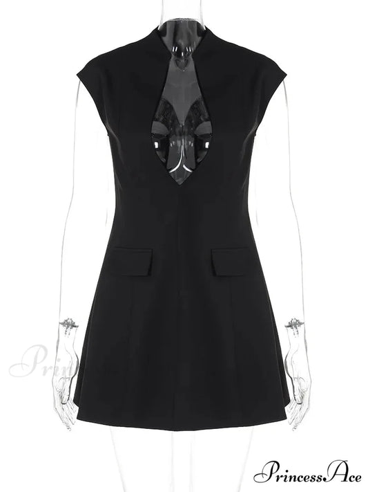 Black Deep Neck Short Graceful Sleeve Solid Mini Dress Black / M