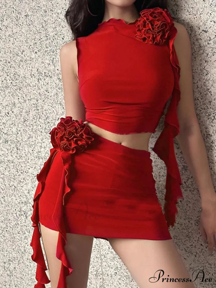 Black Distressed Knit Trendy Two Piece Set Red / S