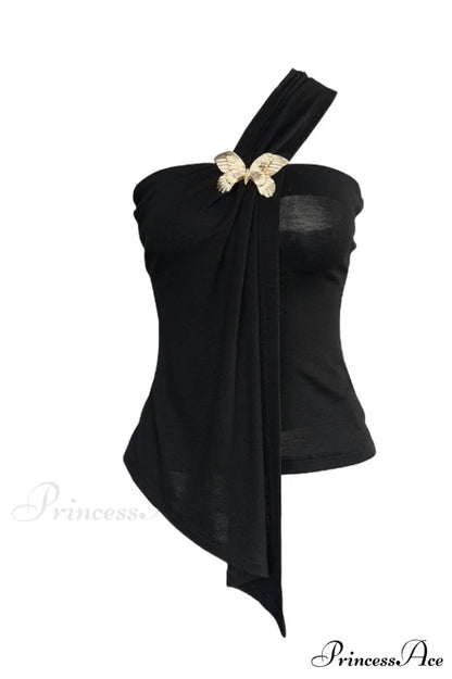Black Draped Top Charming With An Asymmetrical Cut S / Black