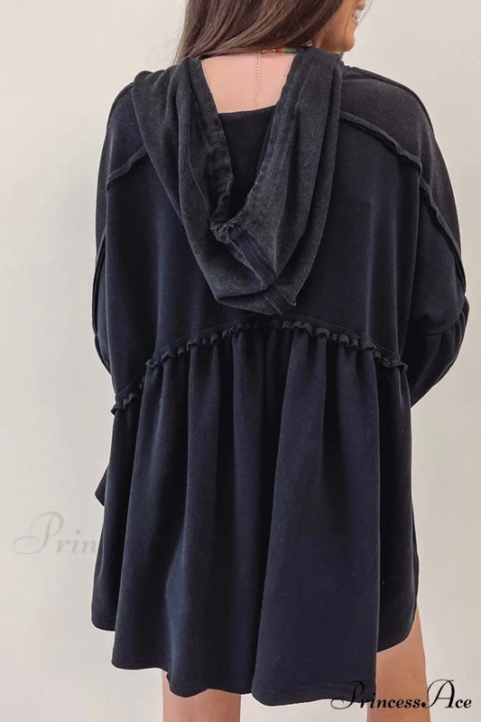 Black Drop Ruffled Oversized High Low Hem Shoulder Hoodie