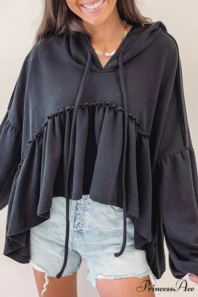 Black Drop Ruffled Oversized High Low Hem Shoulder Hoodie