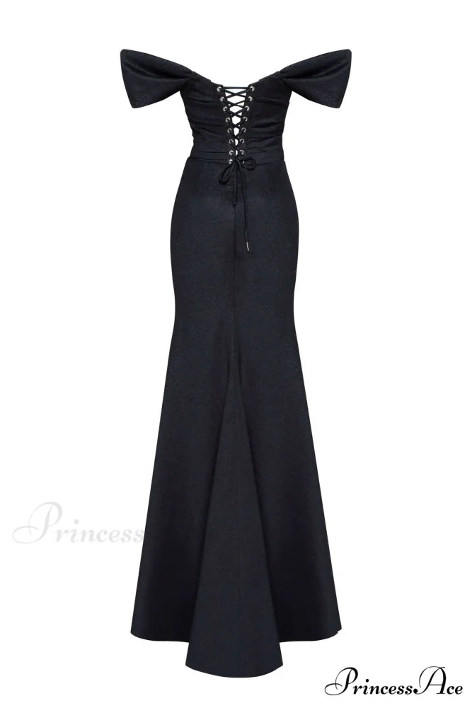 Black Epic Off-The-Shoulder Charming Thigh Slit Maxi Dress