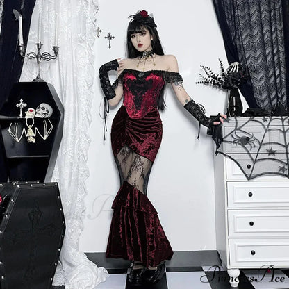 Black Fairy Grunge Women Gothic Velvet Lace Stitching Fall Sexy Fishtail Skirt BLACK / S