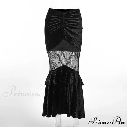 Black Fairy Grunge Women Gothic Velvet Lace Stitching Fall Sexy Fishtail Skirt Black / S