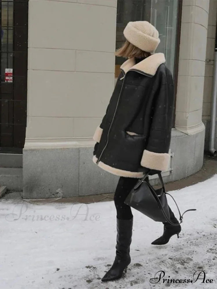 Black Faux Leather Charming Fur Lining Coat