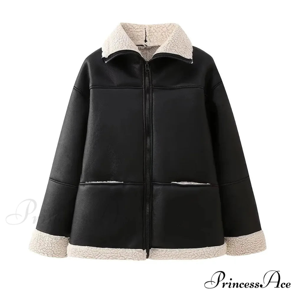 Black Faux Leather Charming Fur Lining Coat Black / S