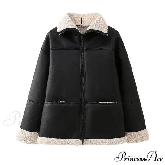 Black Faux Leather Charming Fur Lining Coat Black / S