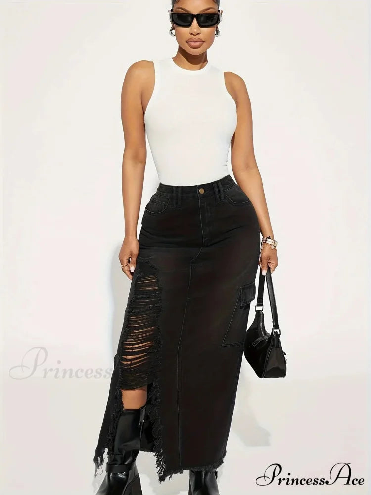 Black Flap Pockets Denim Midi Skirt Raw Hem Distressed Washed Cargo Denim Skirt Jean