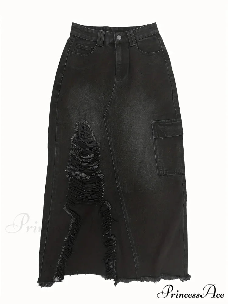 Black Flap Pockets Denim Midi Skirt Raw Hem Distressed Washed Cargo Denim Skirt Jean