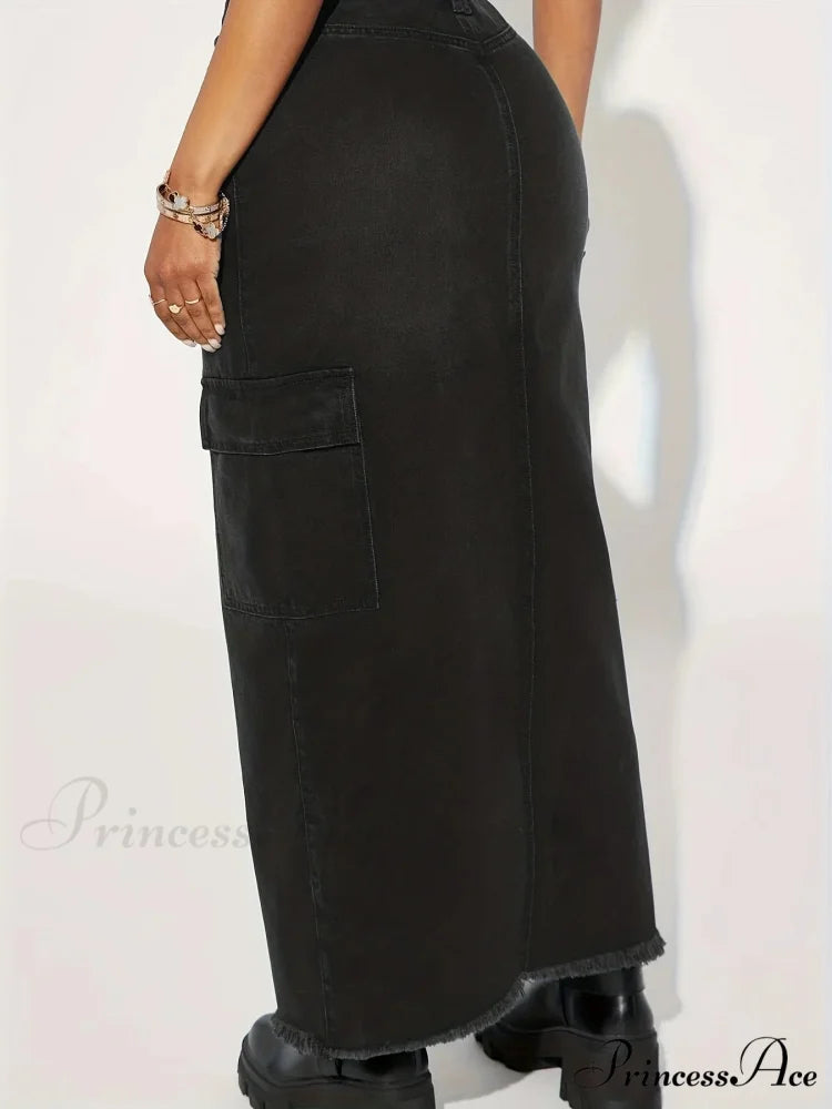 Black Flap Pockets Denim Midi Skirt Raw Hem Distressed Washed Cargo Denim Skirt Jean