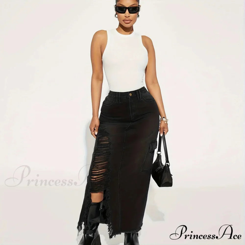 Black Flap Pockets Denim Midi Skirt Raw Hem Distressed Washed Cargo Denim Skirt Jean Black / XS