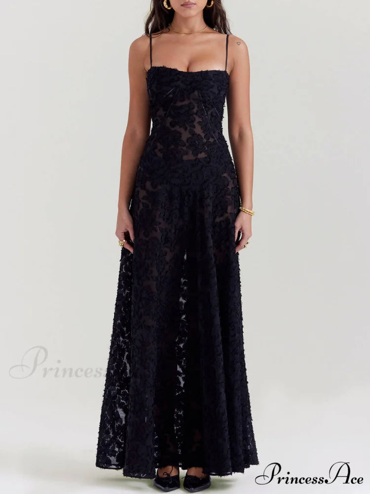 Black Floral Lace Charming Back Maxi Dress Black / S