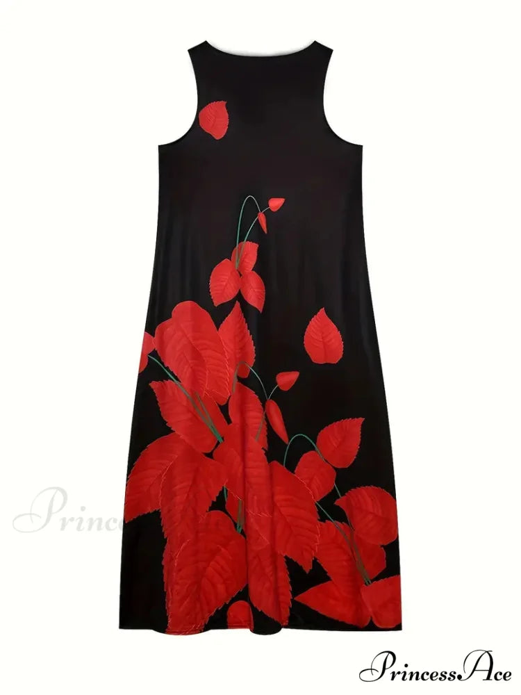 Black Floral Print Notched Neck Dress for Summer
