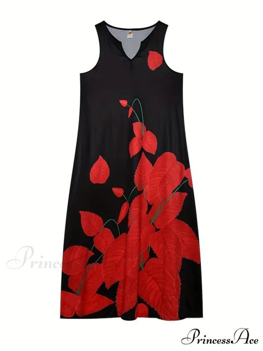 Black Floral Print Notched Neck Dress for Summer