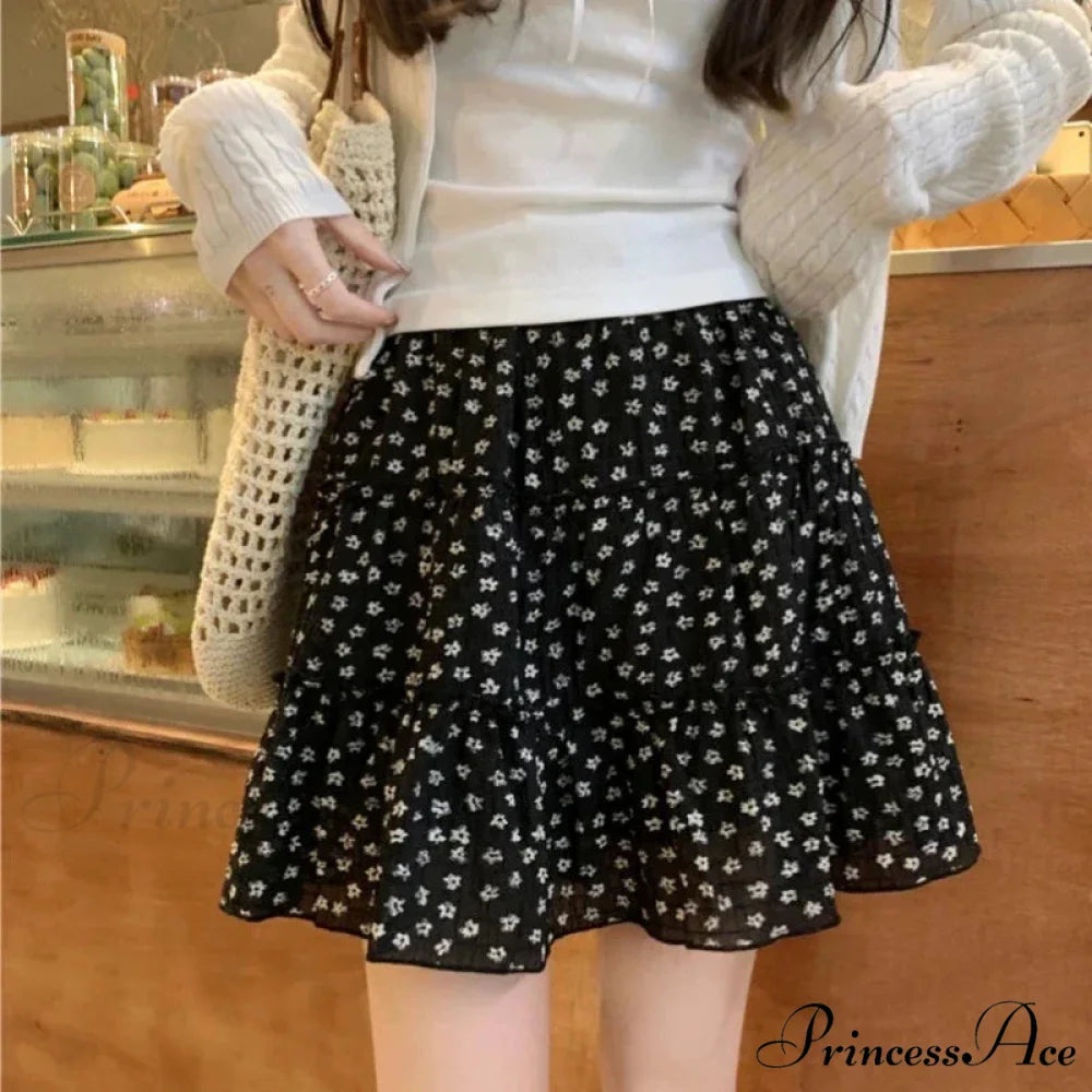Black Floral Sweet Pleated Kawaii Patchwork Skirt Black / S