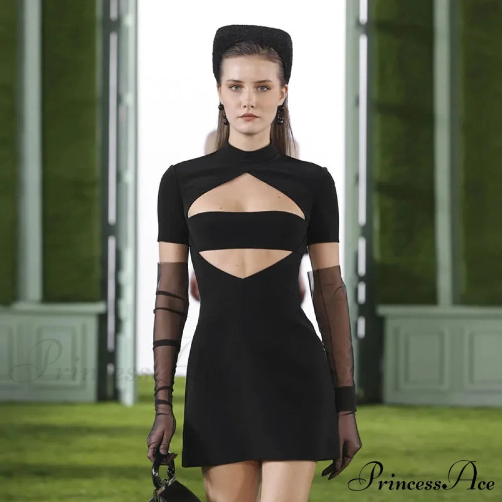 Black Front Hollow Charming Out Mini Dress