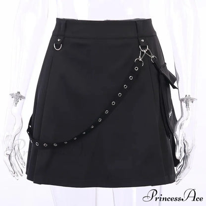 Black Functional Irregular Pleated A-line High Waist Tooling Waist Chain Gothic Harajuku Y2k Goth Skirt BLACK / S