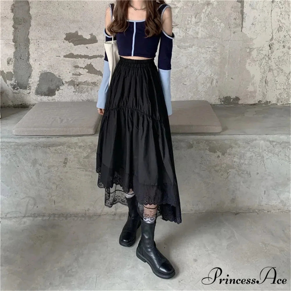 Black Gothic Lace Stitching Irregular Pleated Skirt Black / S
