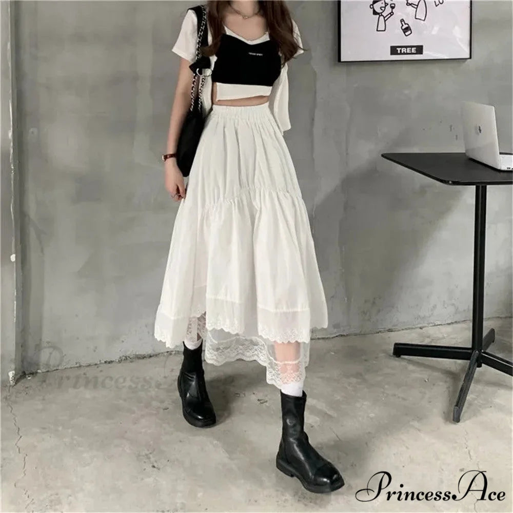 Black Gothic Lace Stitching Irregular Pleated Skirt white / S