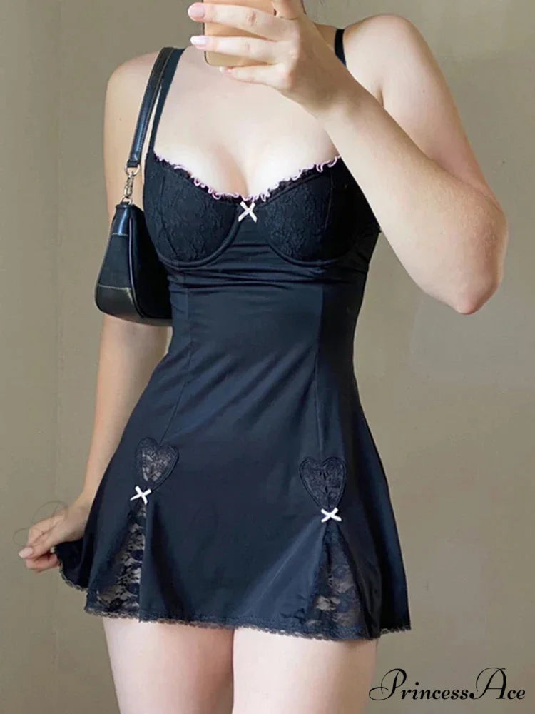 Black Gothic Lolita Style Lace Trim Sleeveless V Neck Bow Y2K Aesthetic Grunge Mini A-Line Dress Black / S