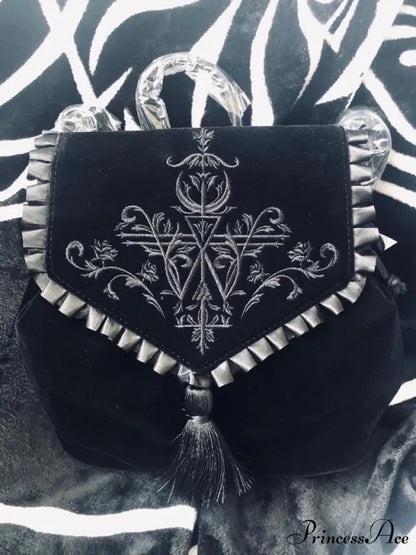 Black Gothic Velvet Witch Harajuku Magic Embroidery Dark Punk Rock Shoulder Bag Black