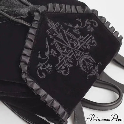Black Gothic Velvet Witch Harajuku Magic Embroidery Dark Punk Rock Shoulder Bag Black