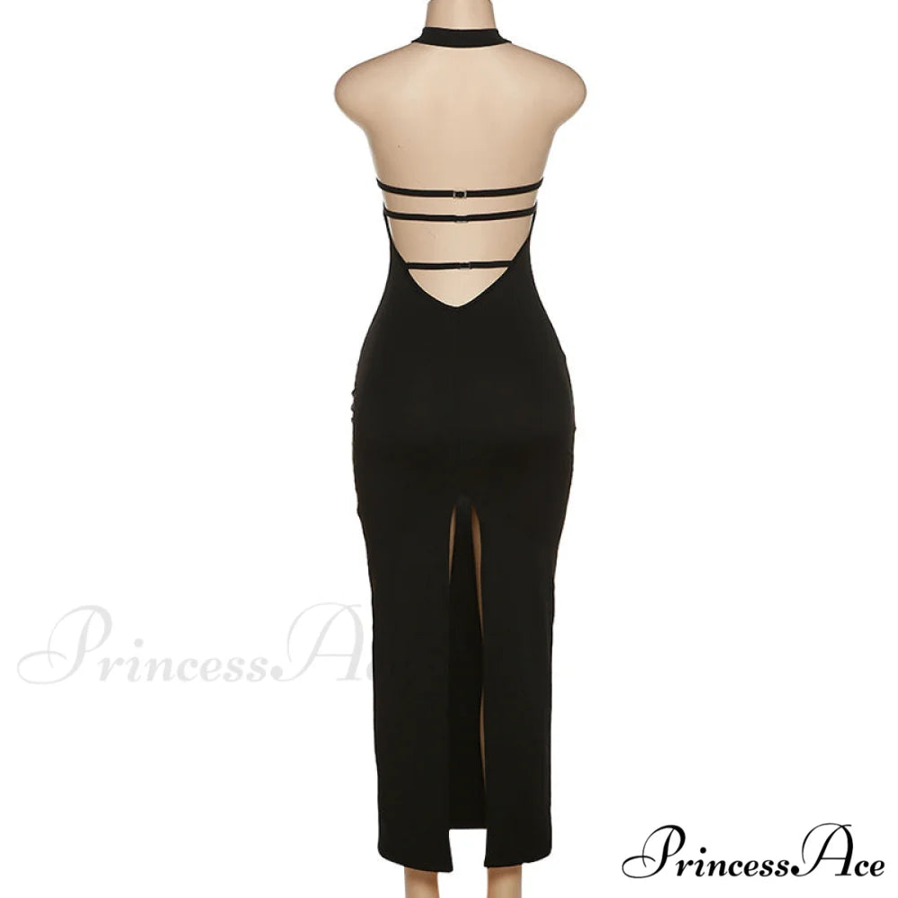 Black Halter Backless Maxi Graceful Dress With Back Straps