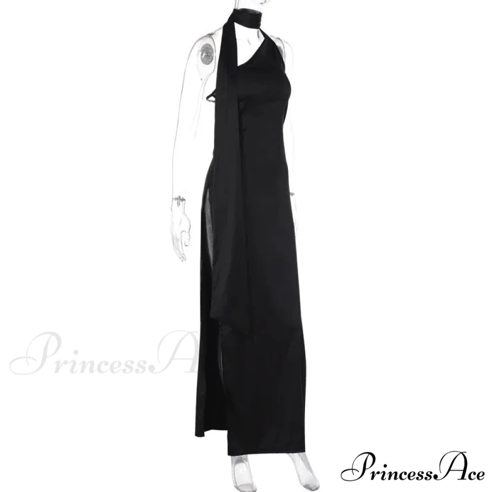 Black Halter Bandage Charming Backless Slit Maxi Dress