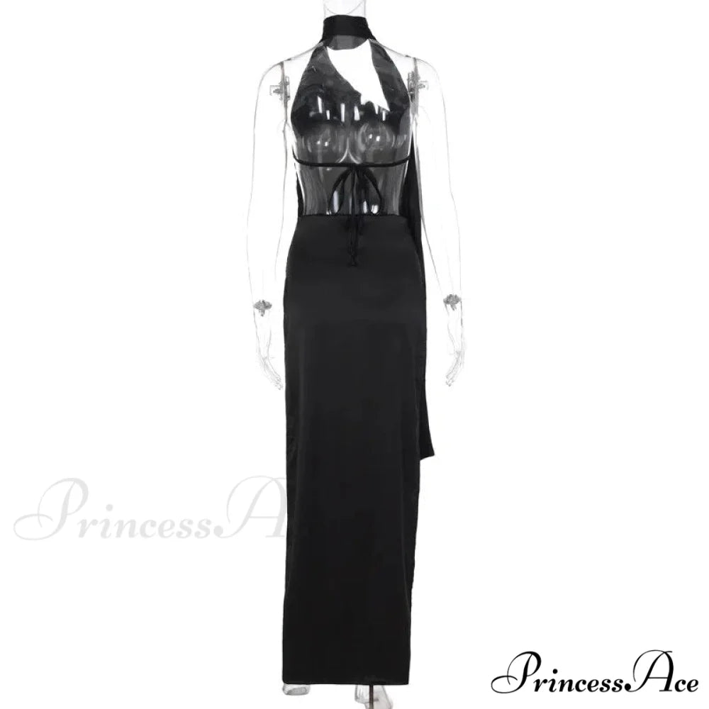 Black Halter Bandage Charming Backless Slit Maxi Dress