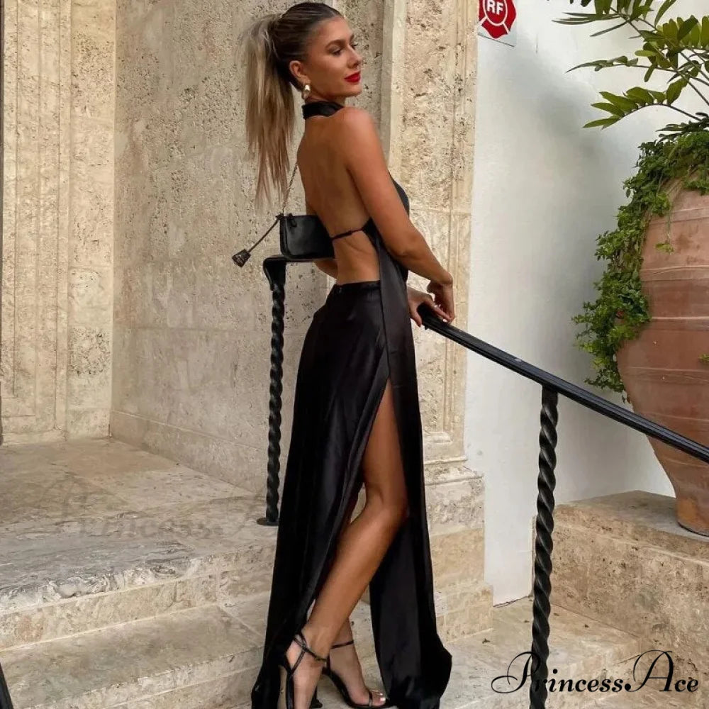 Black Halter Bandage Charming Backless Slit Maxi Dress Black / M
