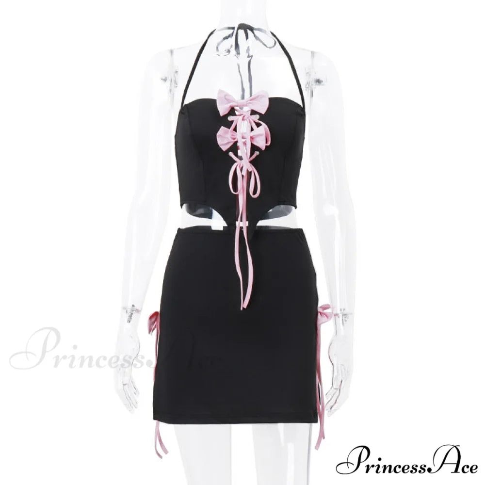 Black Halter Bow Tie Up Trendy Top And Mini Skirt Set