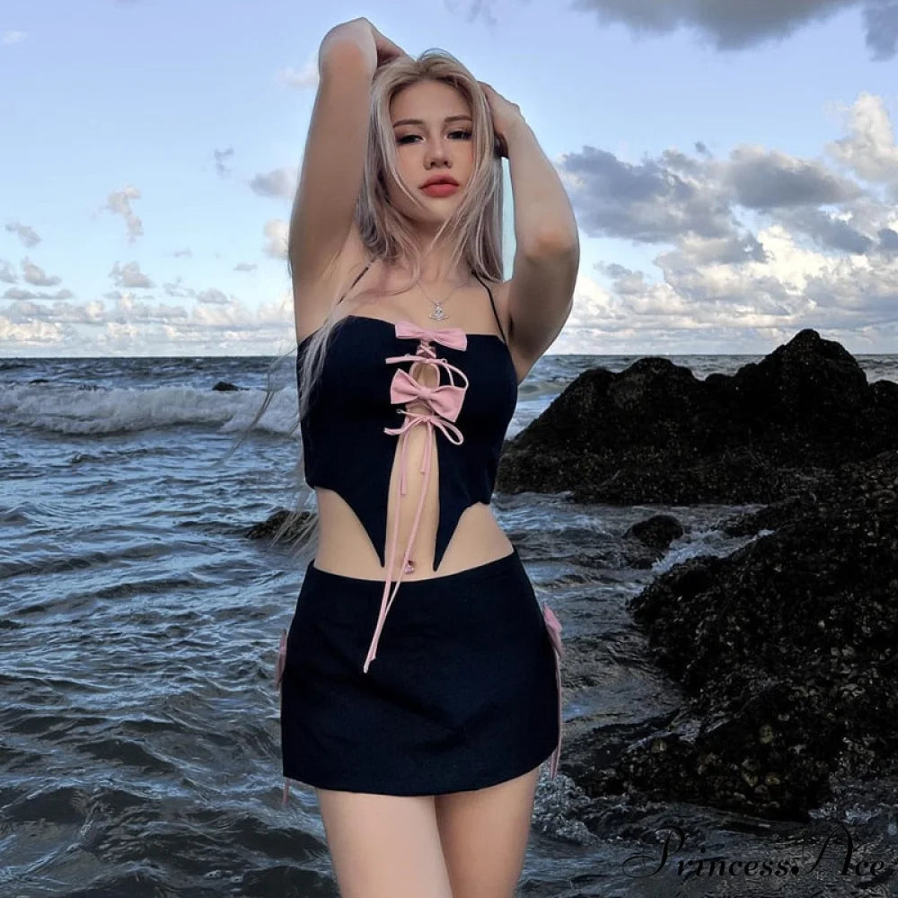 Black Halter Bow Tie Up Trendy Top And Mini Skirt Set