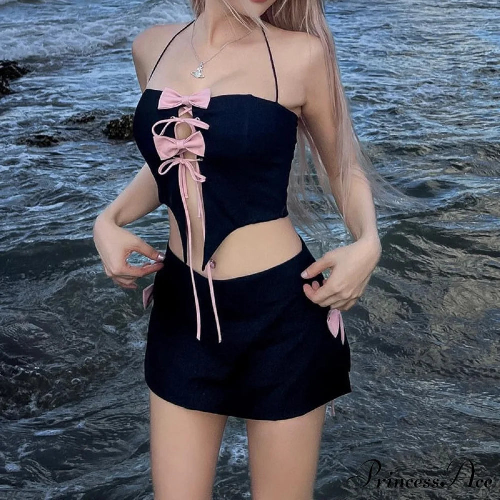 Black Halter Bow Tie Up Trendy Top And Mini Skirt Set Black / S