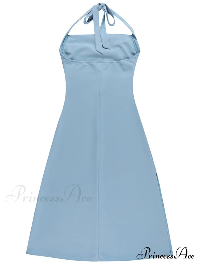 Black Halter Midi Dress with Semi Flare L / Blue