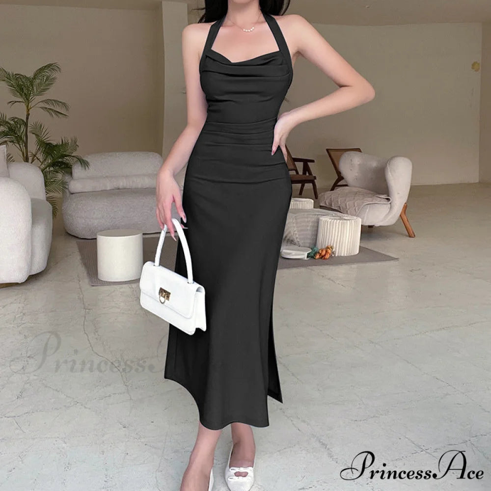 Black Halter Midi Dress with Semi Flare M / Black