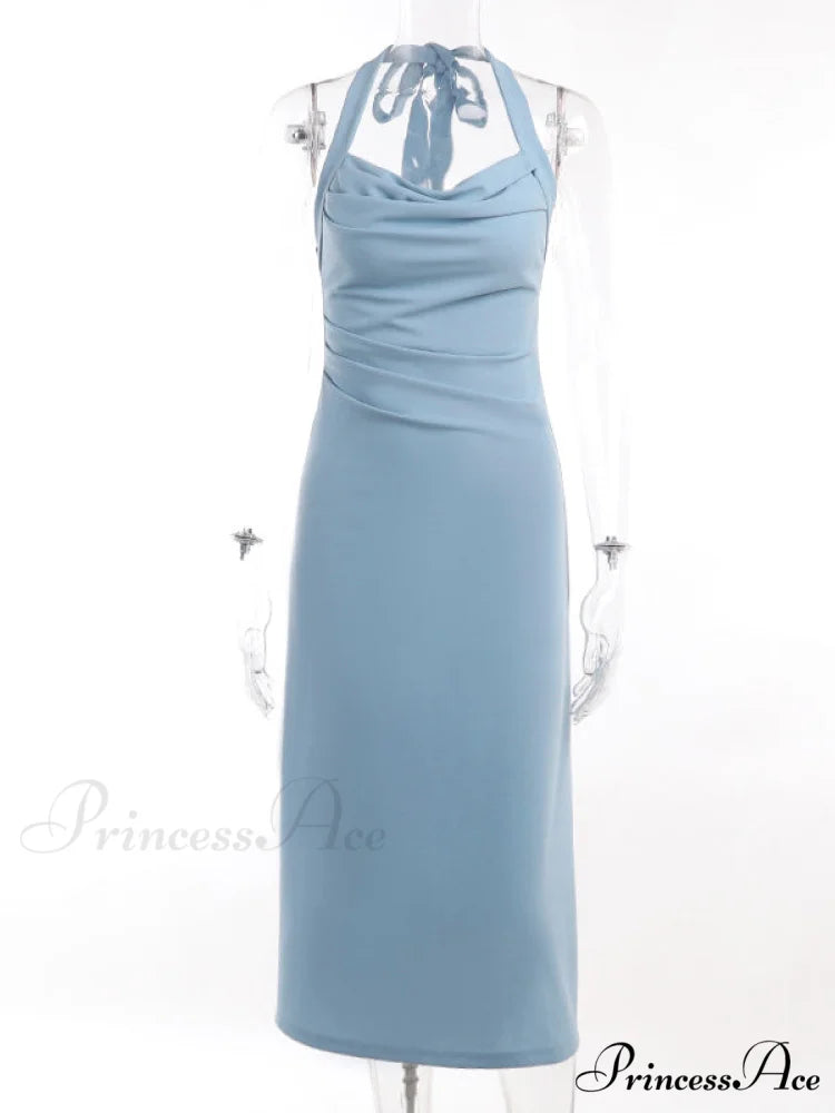 Black Halter Midi Dress with Semi Flare M / Blue