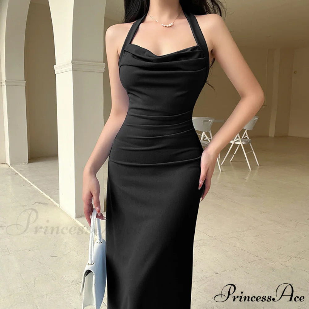 Black Halter Midi Dress with Semi Flare XL / Black
