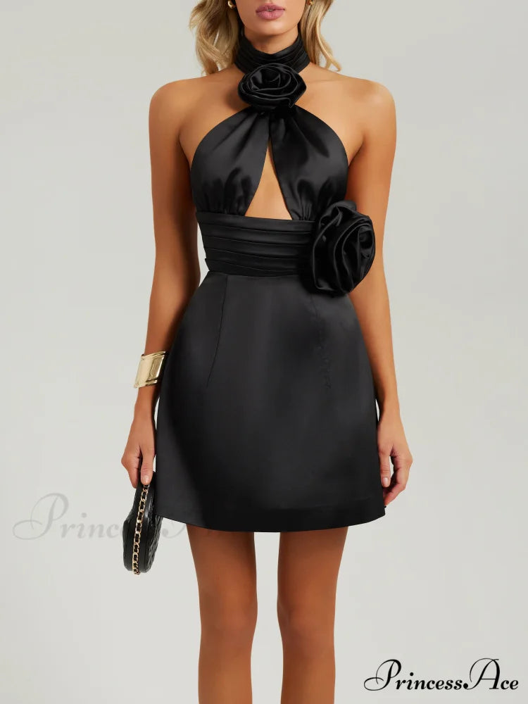 Black Halter Satin Trendy Cutout Flower Dress XS