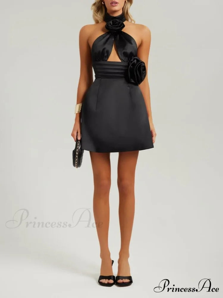 Black Halter Satin Trendy Cutout Flower Dress XXS