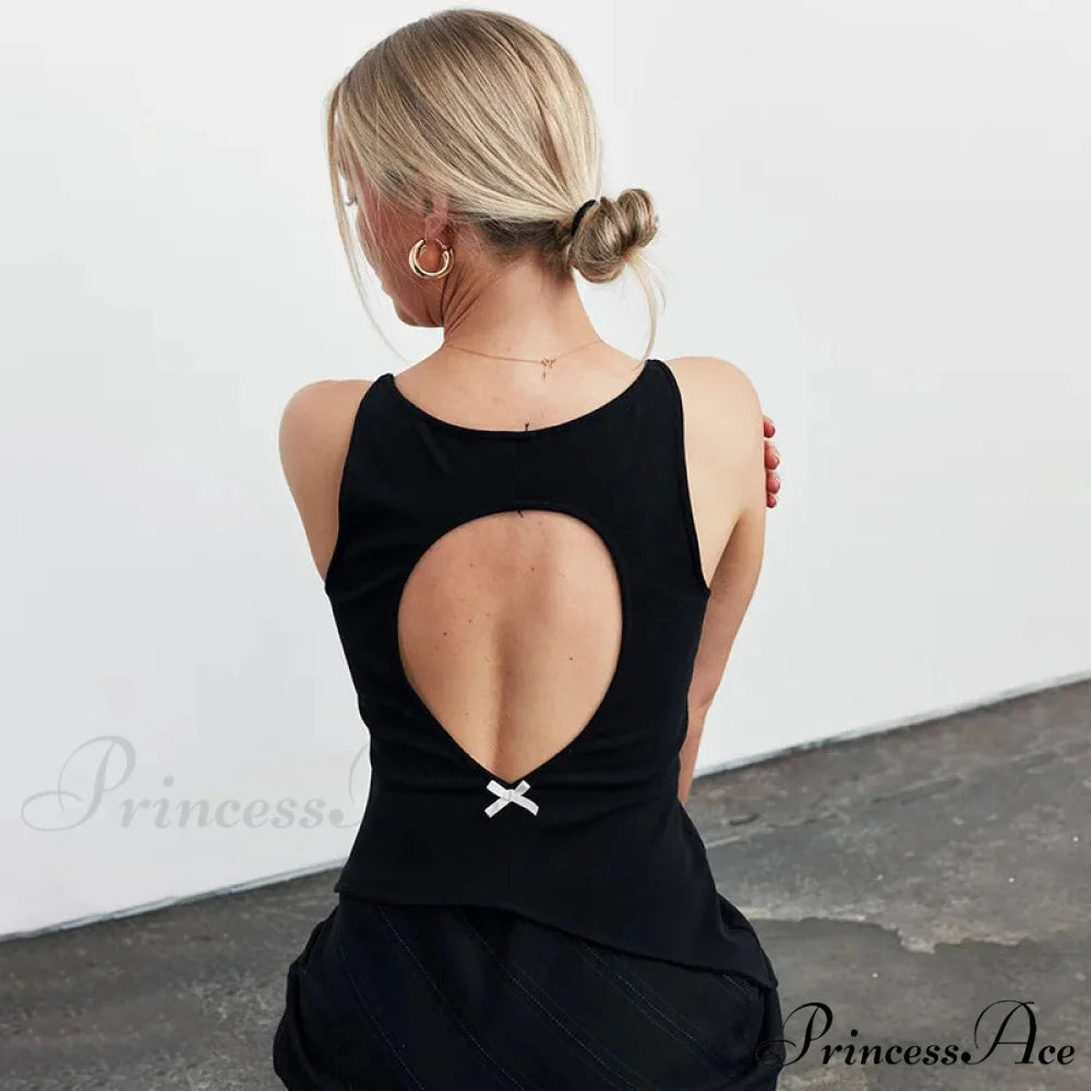 Black Hollow Out Charming Bow Tank Top black / S