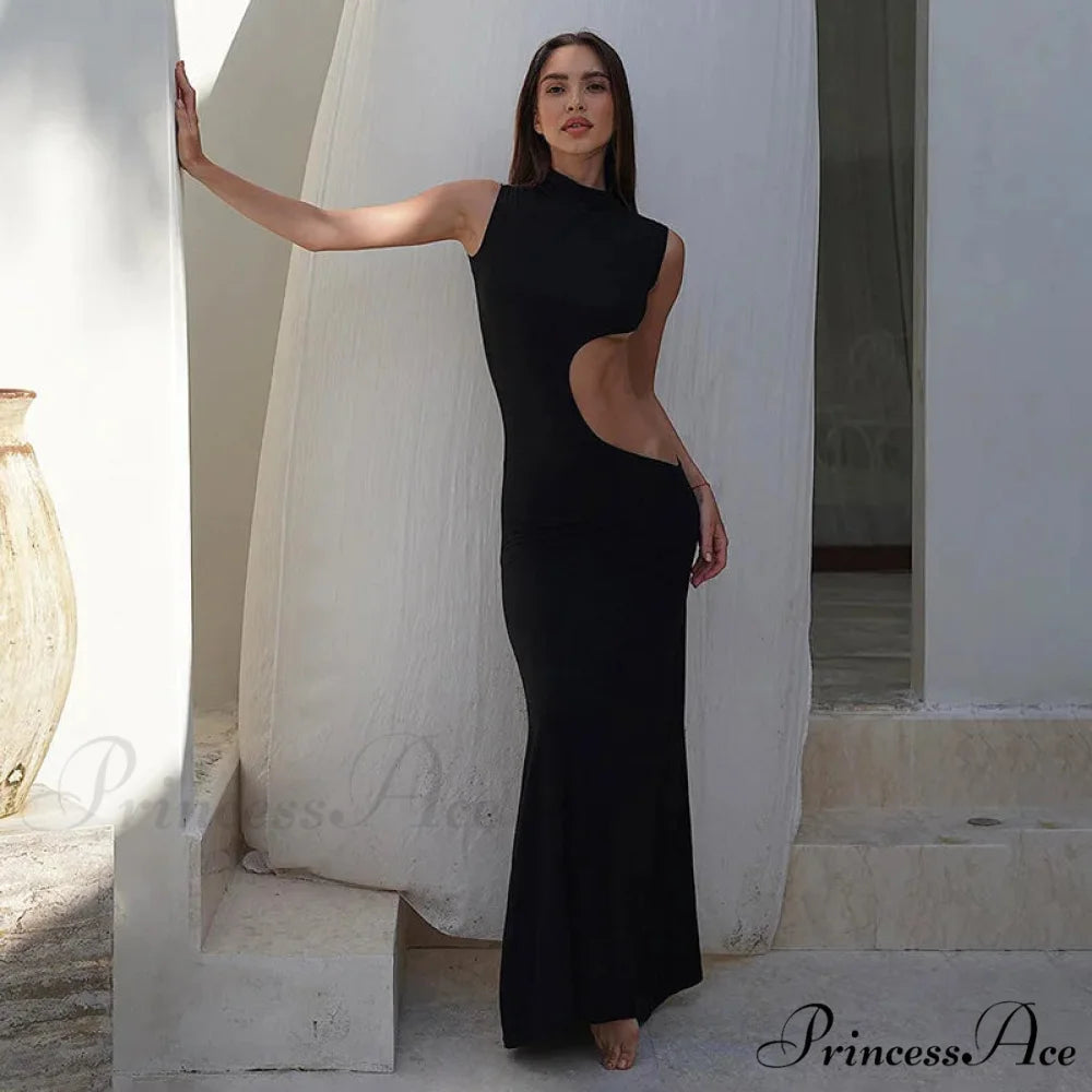 Black Hollow Out Long Women 2024 Sleeveless Bodycon Sexy Maxi Evening Slim Fashion Clubwear Cut Out Dress