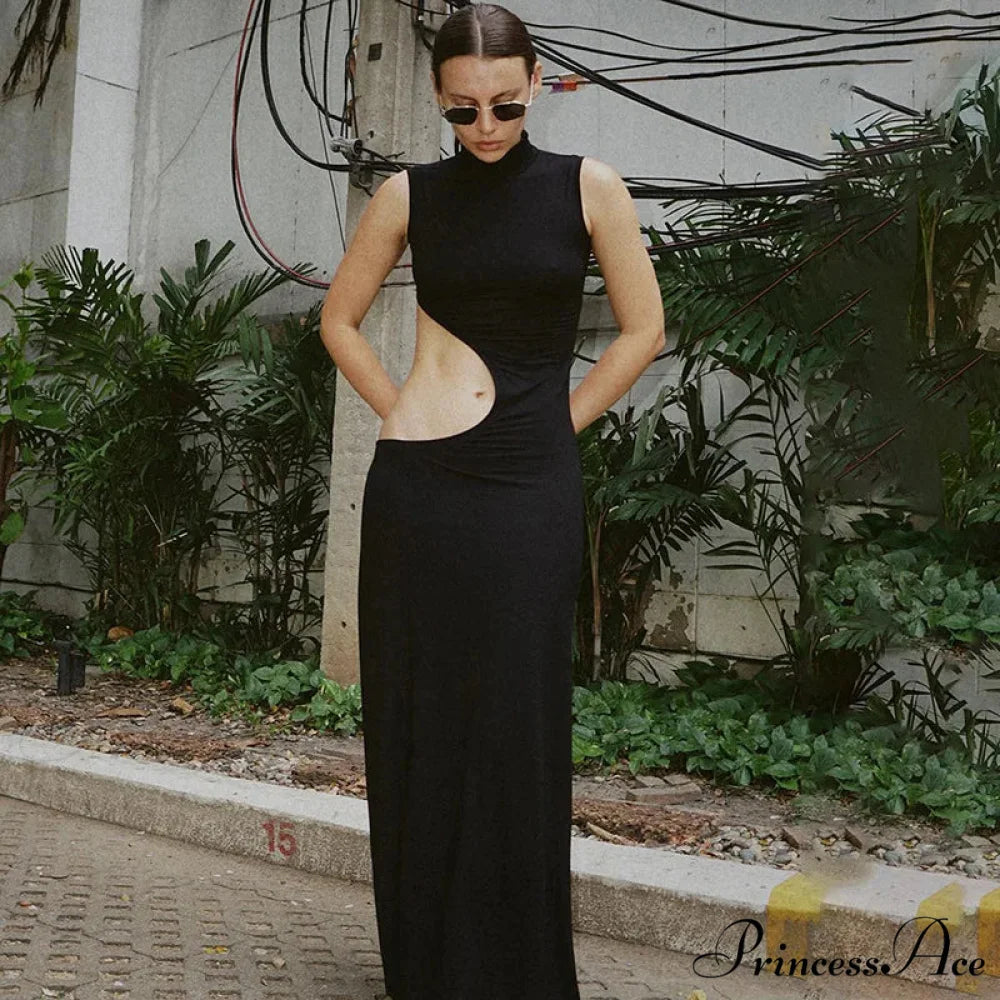 Black Hollow Out Long Women 2024 Sleeveless Bodycon Sexy Maxi Evening Slim Fashion Clubwear Cut Out Dress
