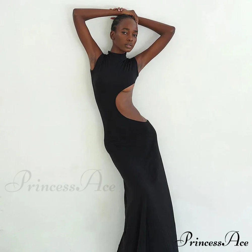 Black Hollow Out Long Women 2024 Sleeveless Bodycon Sexy Maxi Evening Slim Fashion Clubwear Cut Out Dress