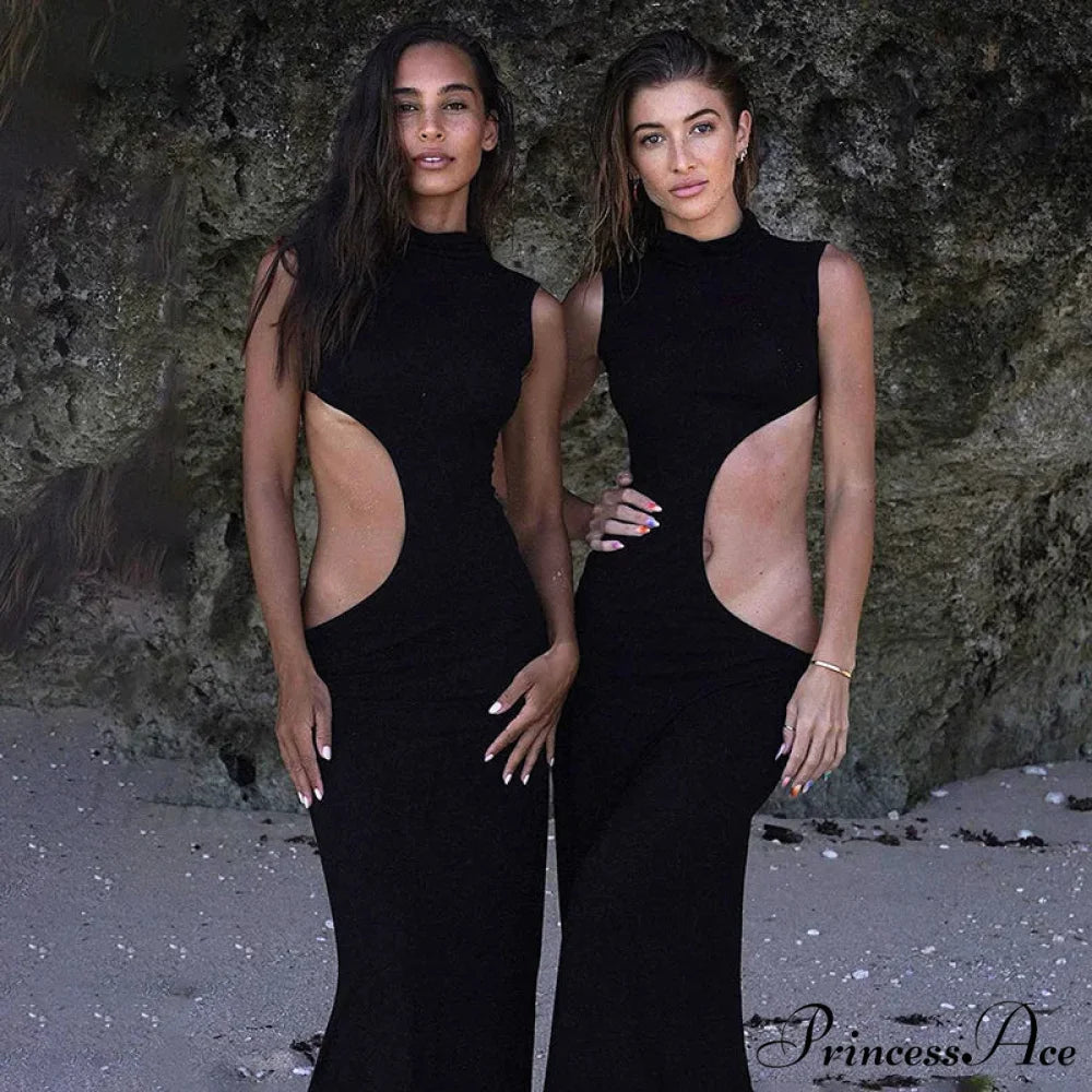 Black Hollow Out Long Women 2024 Sleeveless Bodycon Sexy Maxi Evening Slim Fashion Clubwear Cut Out Dress