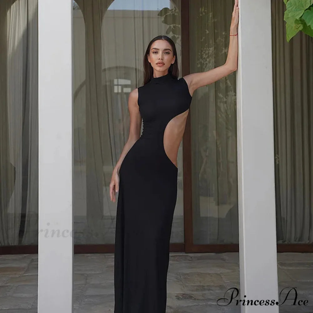 Black Hollow Out Long Women 2024 Sleeveless Bodycon Sexy Maxi Evening Slim Fashion Clubwear Cut Out Dress Black / S